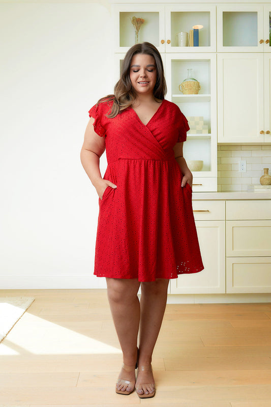 Rebecca Ruffle Sleeve Eyelet Dress-#7-Red