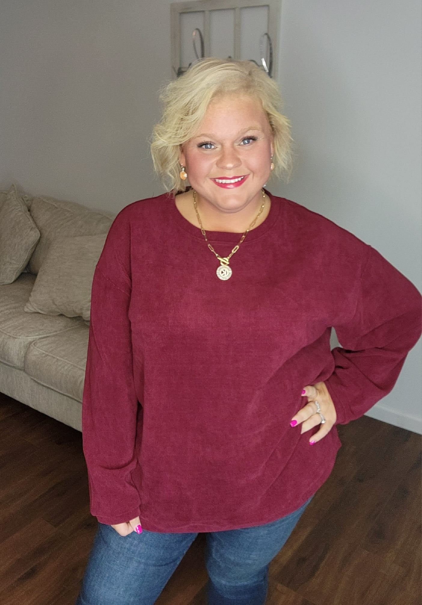 New Sarah Corded Crew-#4-Burgundy