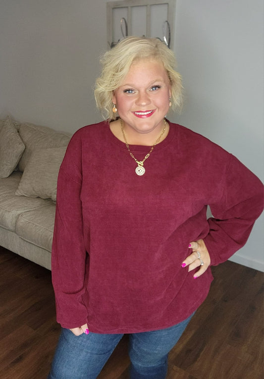 New Sarah Corded Crew-#4-Burgundy