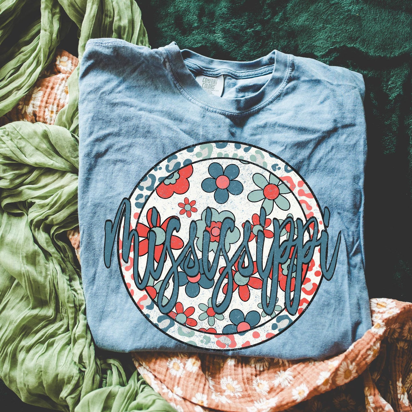 Retro Floral State Tee - Blue Jean