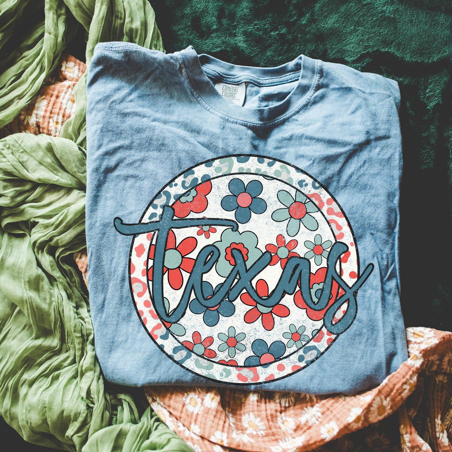 Retro Floral State Tee - Blue Jean