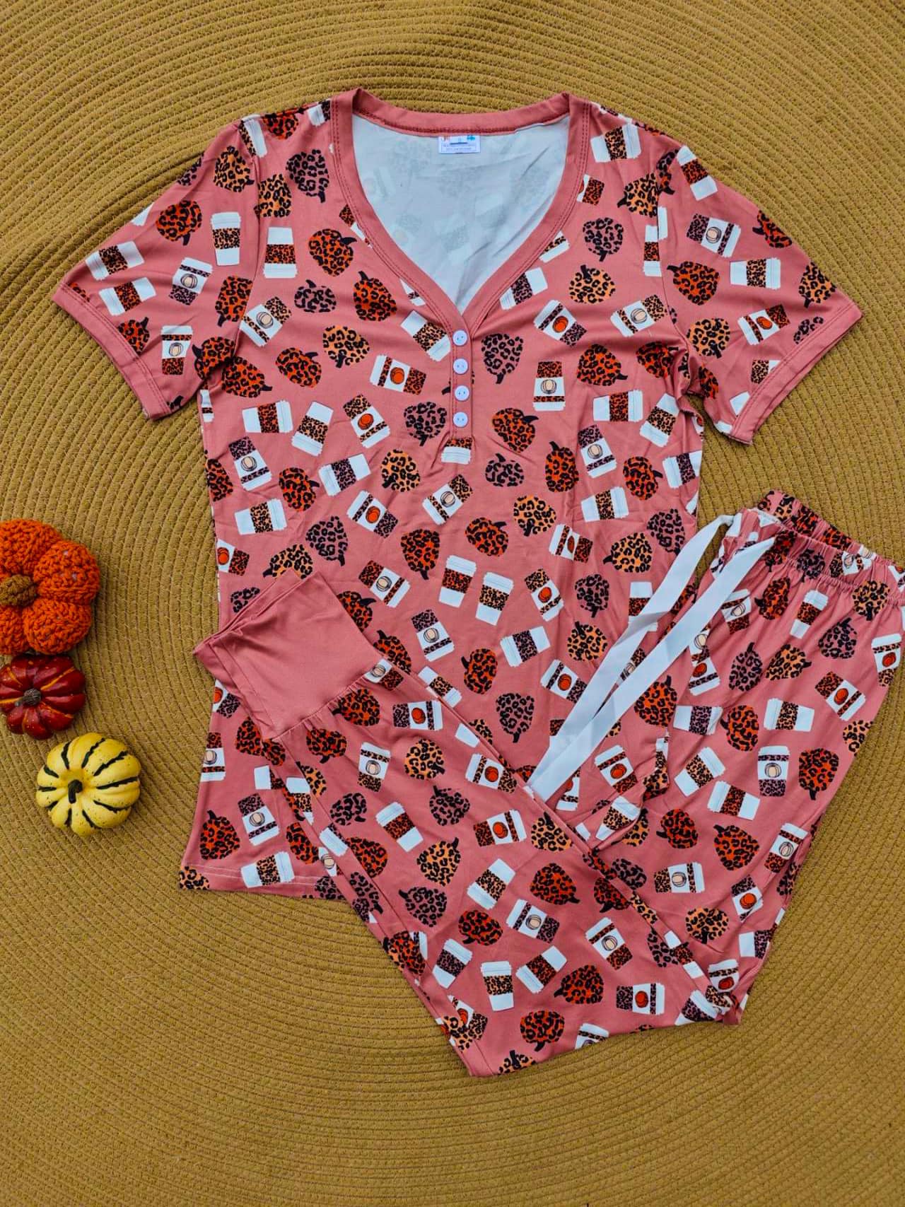 Short Sleeve Jogger PJ Set -#7-Leopard Pumpkin