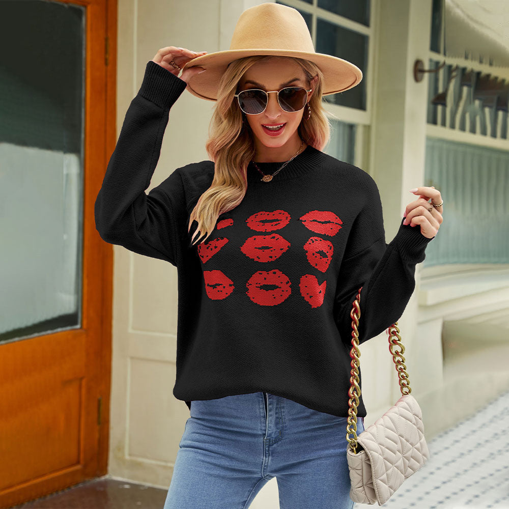 Lips Print Sweater with Side Slit