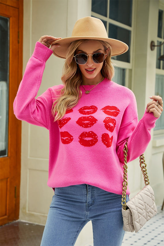 Lips Print Sweater with Side Slit